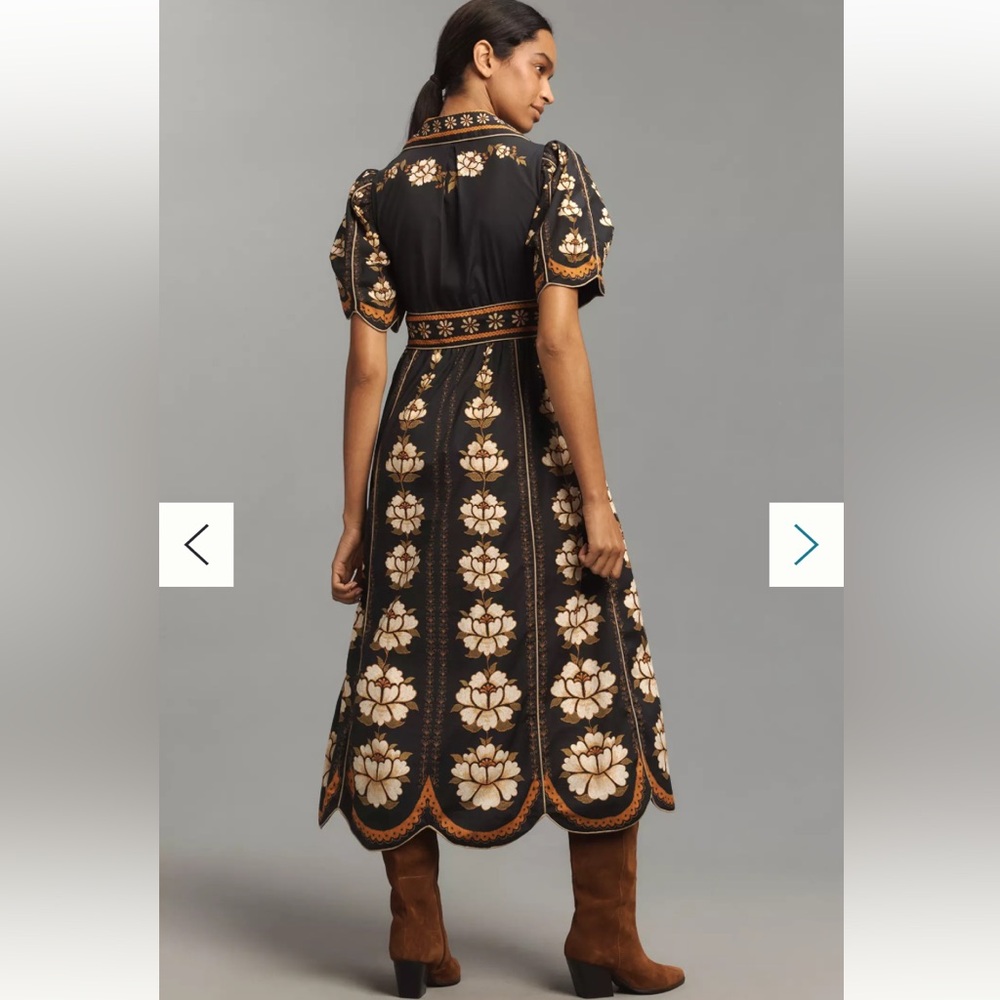 NWT Anthropologie FARM Rio Black Embroidered Flowers Floral Midi Shirt Dress M - Picture 2 of 11